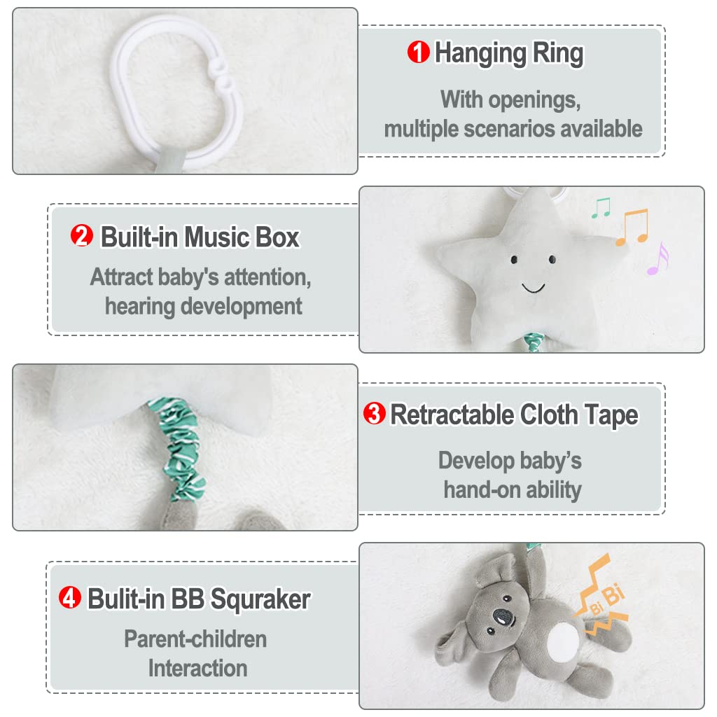 Blublu Park Baby Hanging Musical Toy With Music Box, Lullaby Pull Sensory for Babies Boys and Girls, Clip On Infant Pram Pushchair Cribs Strollers Car Seats, Star