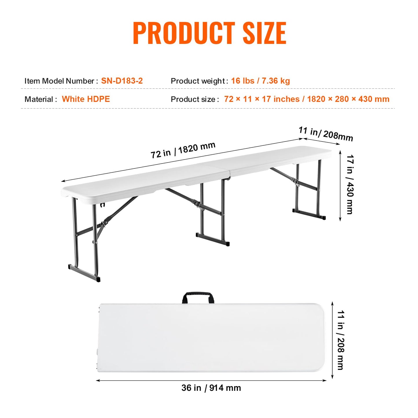 VEVOR Plastic Folding Bench, 6ft Portable Folding Bench, Smooth High Density Polyethylene Waterproof Outdoor Bench, Picnic Camping Table with Handle for Garden Soccer Playtime, White (1 Pack)