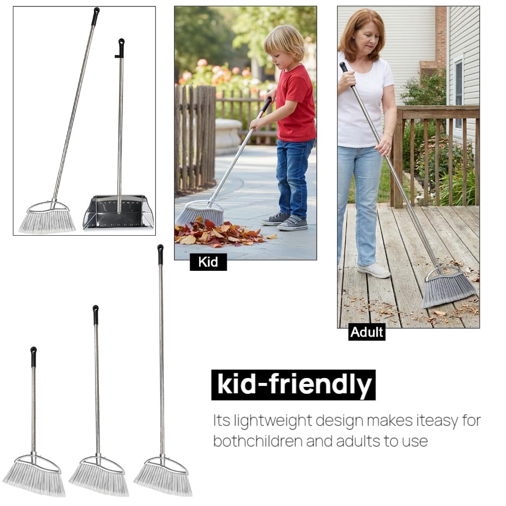 GLOYY Outdoor Broom and Dustpan Comb Set,Heavy Duty Stainless Steel Metal Dust Pan with Long Handle Commercial Stiff Bristles Broom for Home Garage Garden Patio
