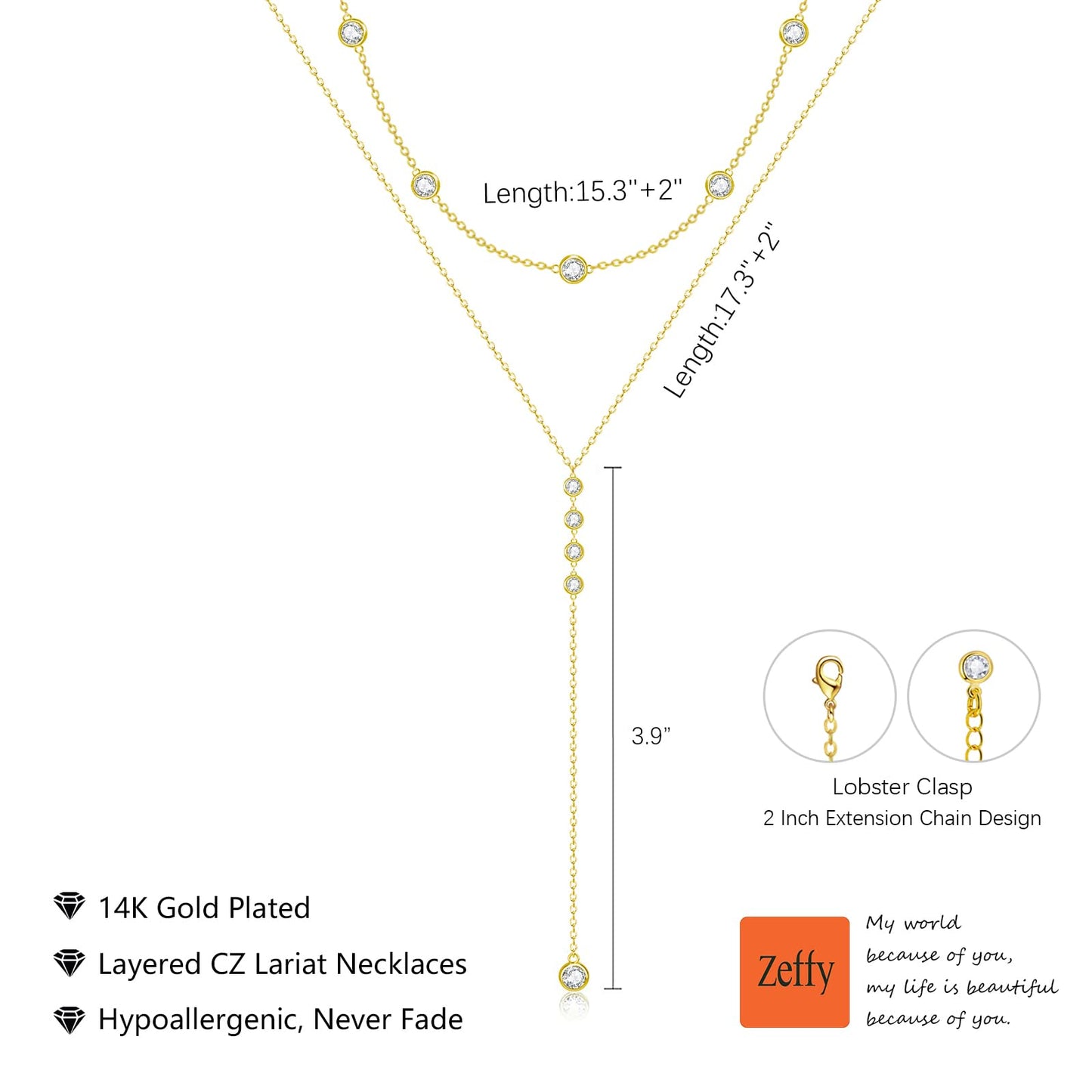 Zeffy Long Gold Necklace for Women- Dainty 14k Gold Plated Teardrop Drop Lariat Necklace Trendy Layered Simple CZ Y-Shaped Body Chain Stack Wedding Prom Dangle Statement Necklace Jewelry Gifts