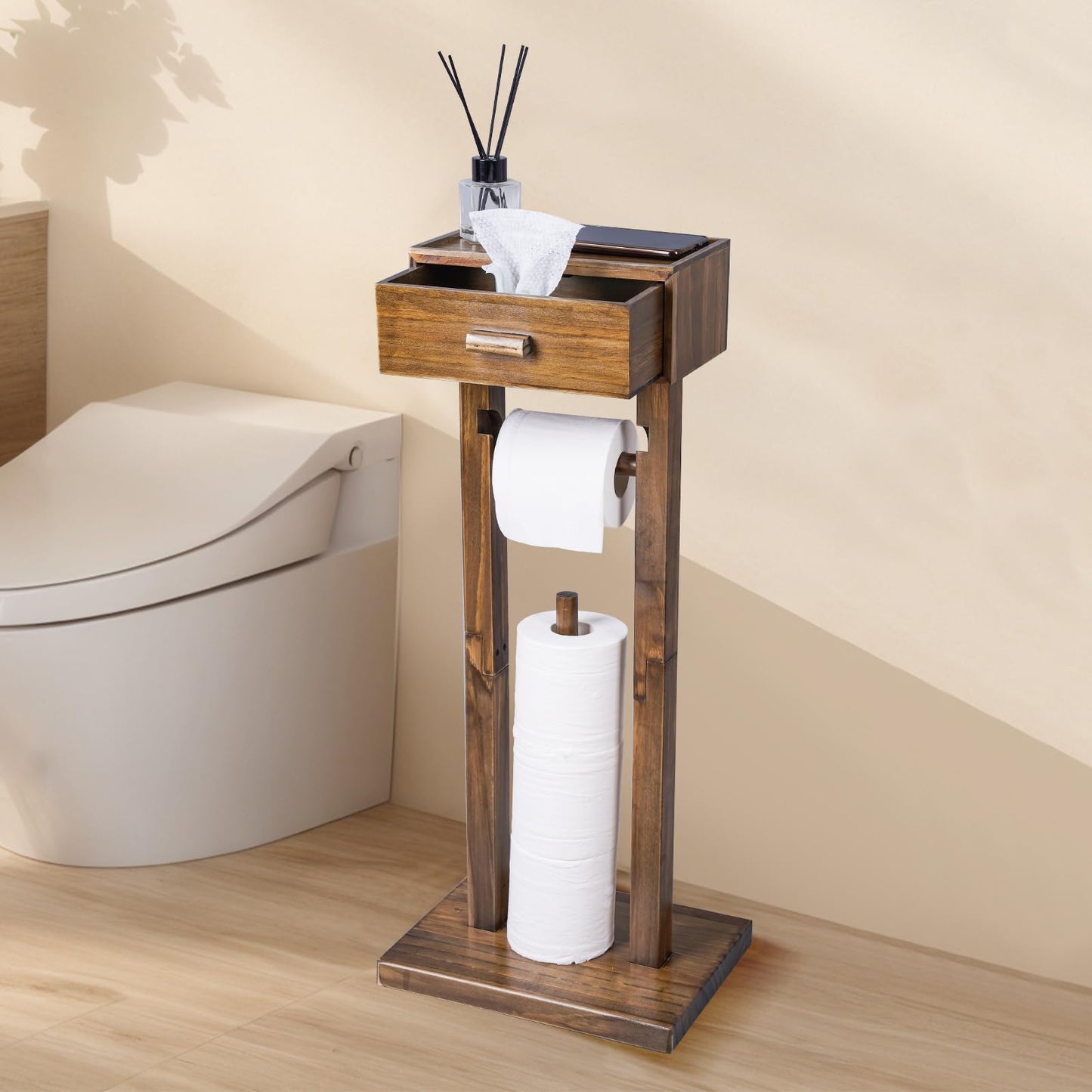 Freestanding Bathroom Toilet Paper Holder Stand with Shelf, Black Wooden Toilet Paper Roll Holder with Wet Wipes Storage Drawer