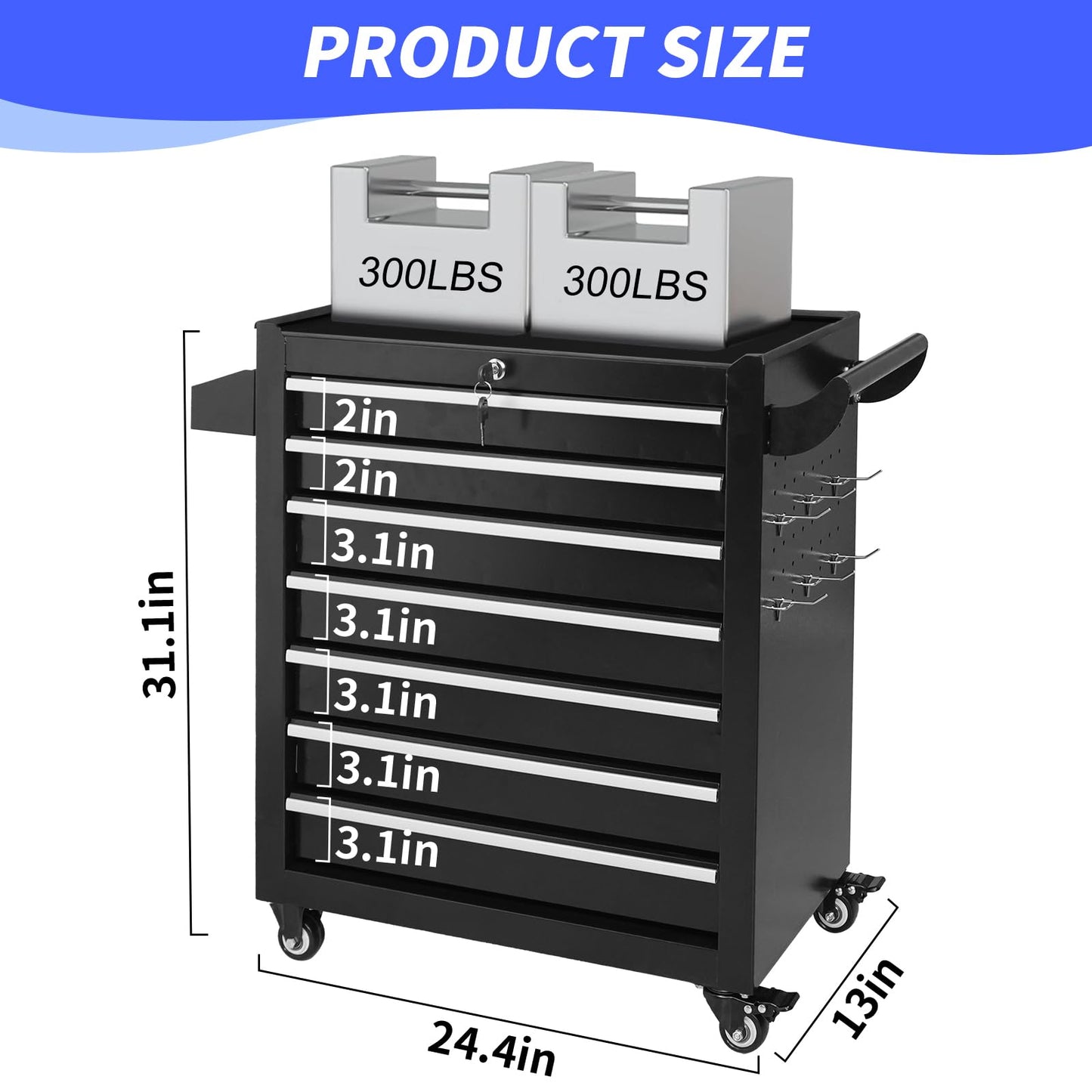 Rolling Tool Chest 7 Drawers, Metal Tool Box with Wheels Lockable Garage Storage Cabinets Sliding Tool Drawer Cart Toolbox Organization Workbench for Workshop Warehouse Repair Shop