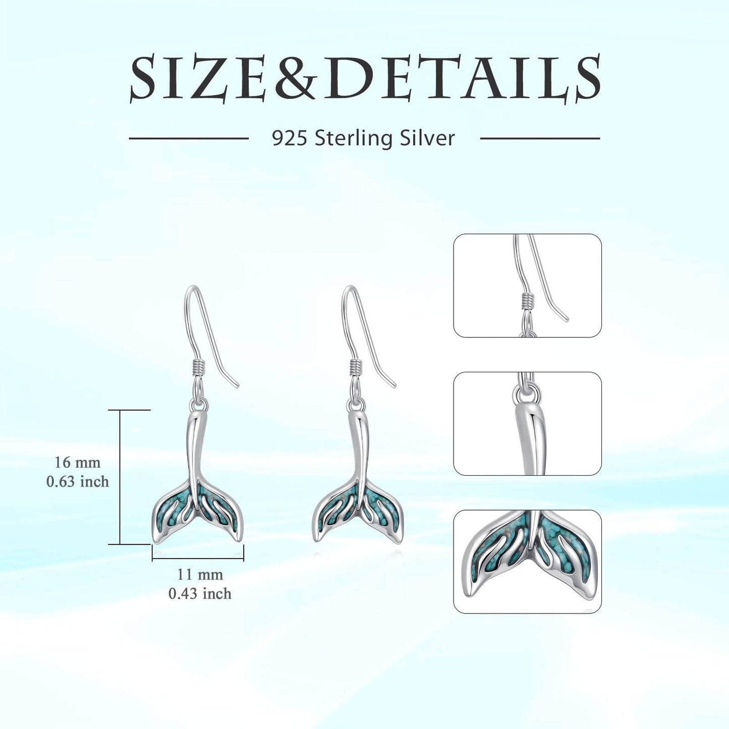 HPQQ Mermaid tail Earrings 925 Sterling Silver Turquoise Mermaid tail Dangle Earrings Ocean Beach Themed Jewelry Mother's Day Jewelry Gifts for Women