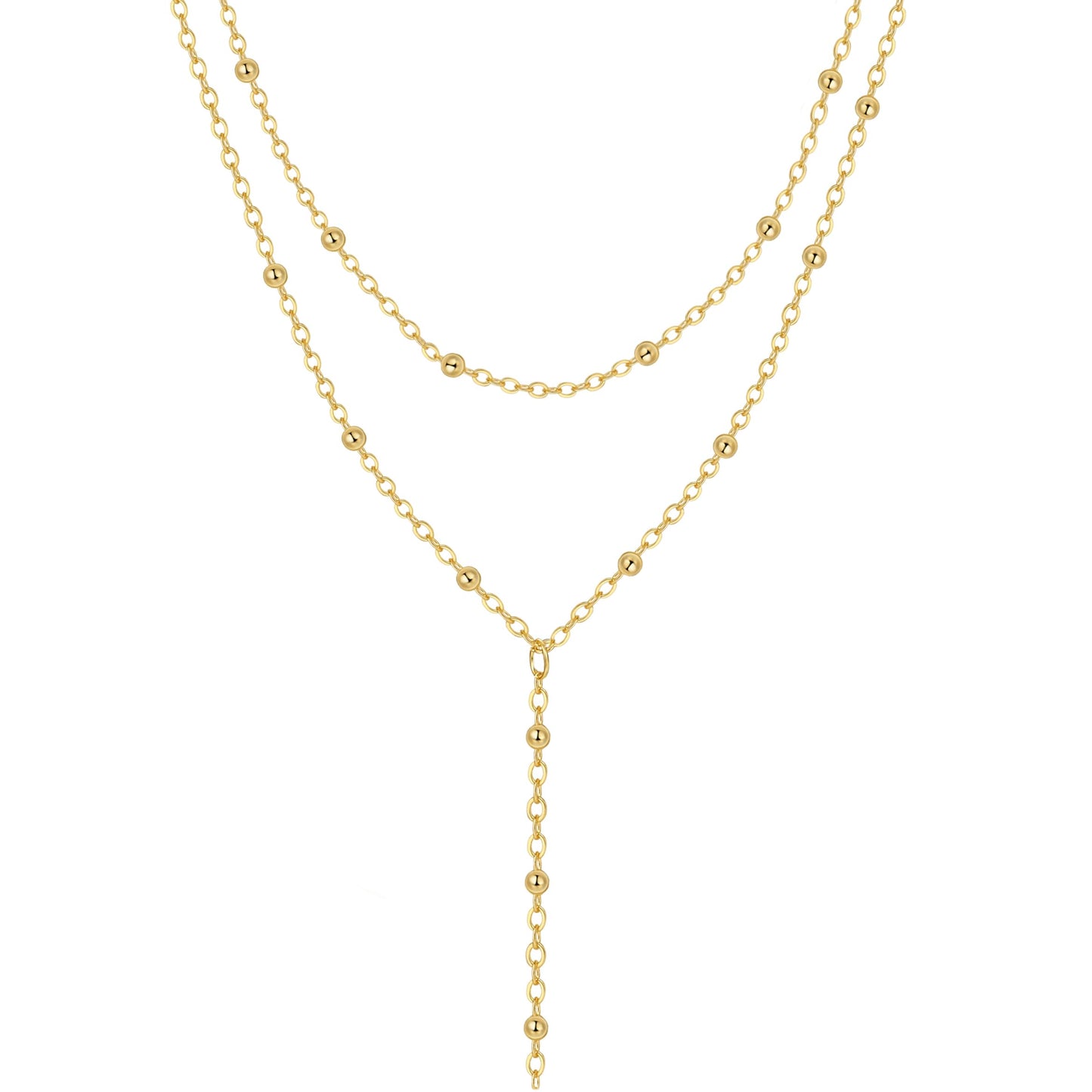 JIKASI Lariat Gold Necklaces for Women Trendy Dainty Long Necklace 14k Gold Plated Layered Drop Rosary Beaded Chain Necklaces Y-Shaped Pendant Necklace Simple Gold Jewelry Gifts