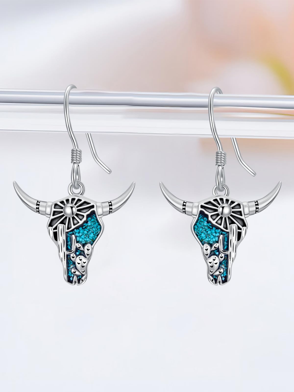 KoyeKei Cow Skull Earrings for Cowgirl Cowboy Sterling Silver Texas Longhorn Cactus Turquoise Dangling Drop Earrings Western Jewelry Country Christmas Graduation Gifts for Women