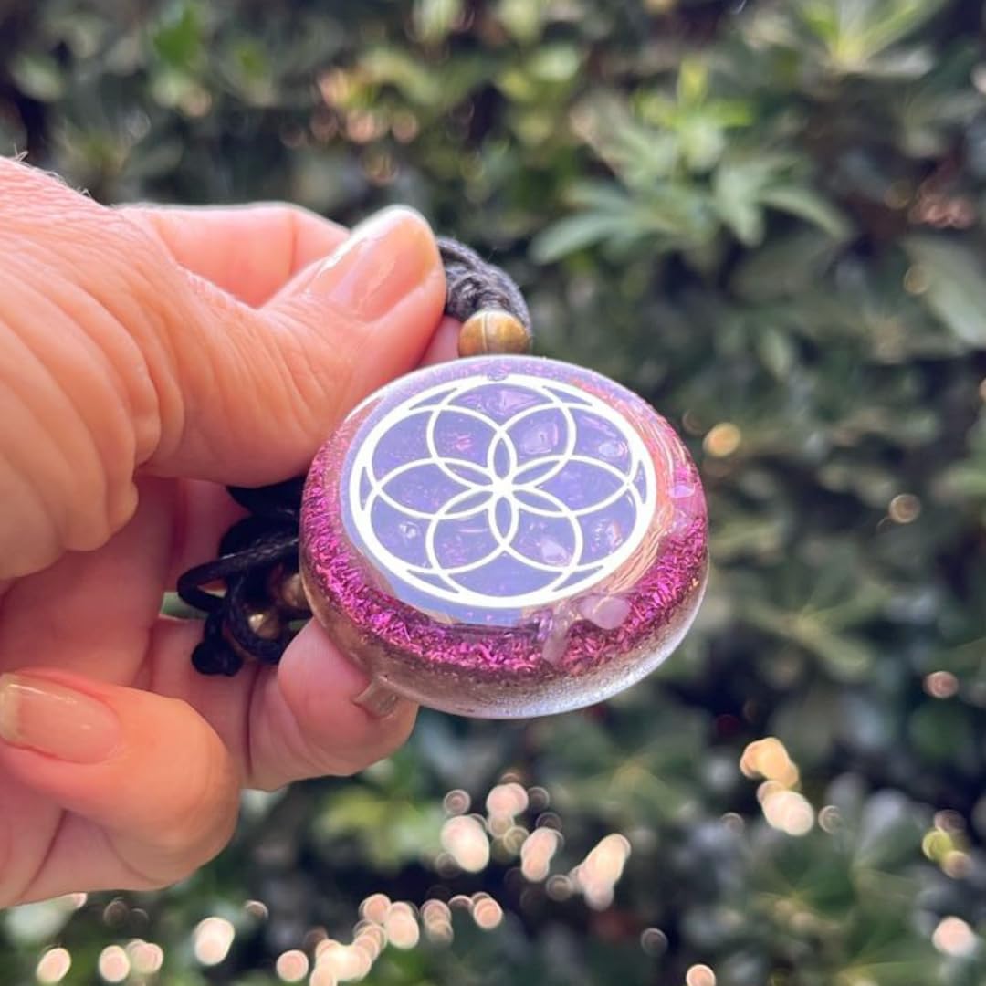 ARTE ORGONES & Design Orgone Necklace Seed of Life Healing Crystals Protection SBB Coil Copper Stone, Orgonite Pendant Amethyst Moonstone Rose Quartz, Yoga, Reiki, Handmade, Amulet