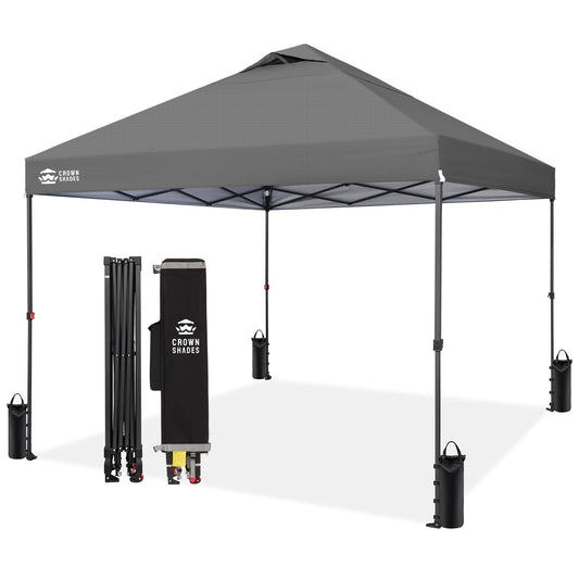 CROWN SHADES 10x10 Pop Up Canopy Tent - Patented Center Lock One Push Instant Outdoor Canopy Beach Tent with STO-N-Go Bag 8 Stakes & 4 Sand Bags，Grid Grey
