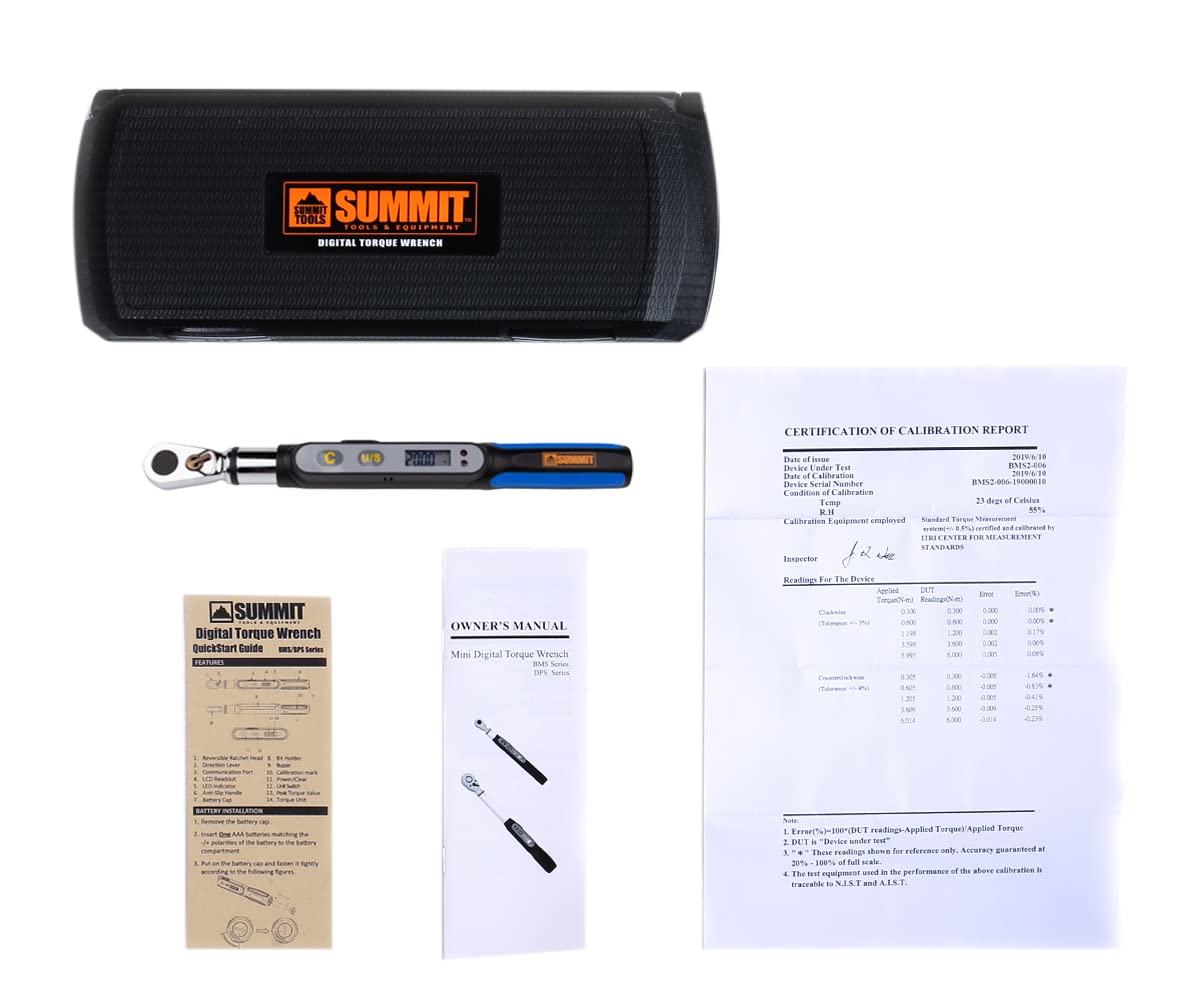 Summit Tools Bit-Head Digital Torque Wrench, 1/4 inch Drive Adopter, 0.221-4.424 ft-lbs Range, Measure Peak Torque, Compact Size, Calibrated (BMS2-006CN-S)