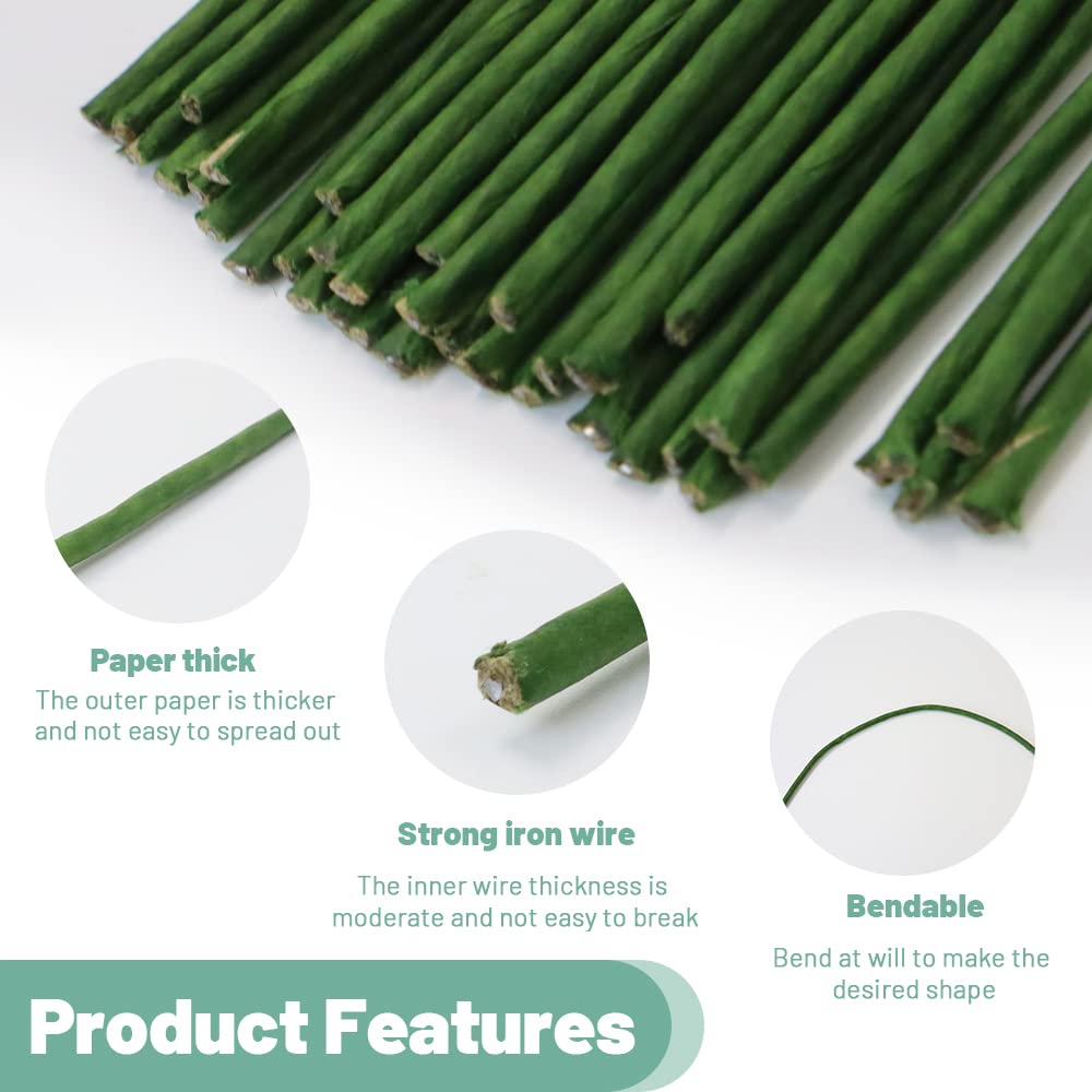 120Pcs Floral Wire, 30cm/11.8in Length 3mm/0.12in Diameter Floral Stems, 18 Gauge Flower Wire Wrapped with Paper (Green)