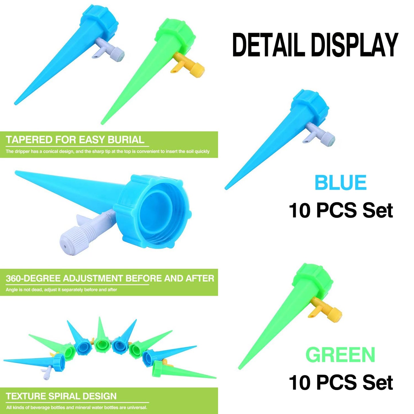 20 Pack Self Watering Spikes for Plant,Indoor & Outdoor Automatic Plants Waterer,Plug-in Device with Adjustable Valve Switch, Self Watering Planter Insert (10 Blue+10 Green)