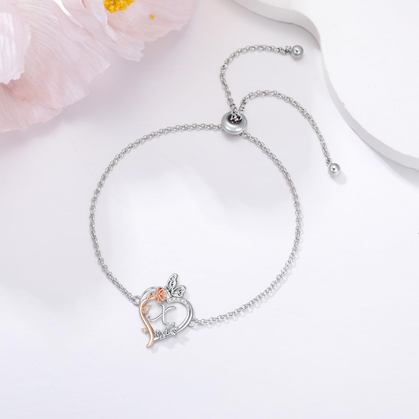 TOUPOP Rose Heart Bracelet for Women Sterling Silver Heart Initial X Letter Bracelet Butterfly Love Jewelry Anniversary Birthday Mothers Day Gifts for Mom Wife Her Girlfriend