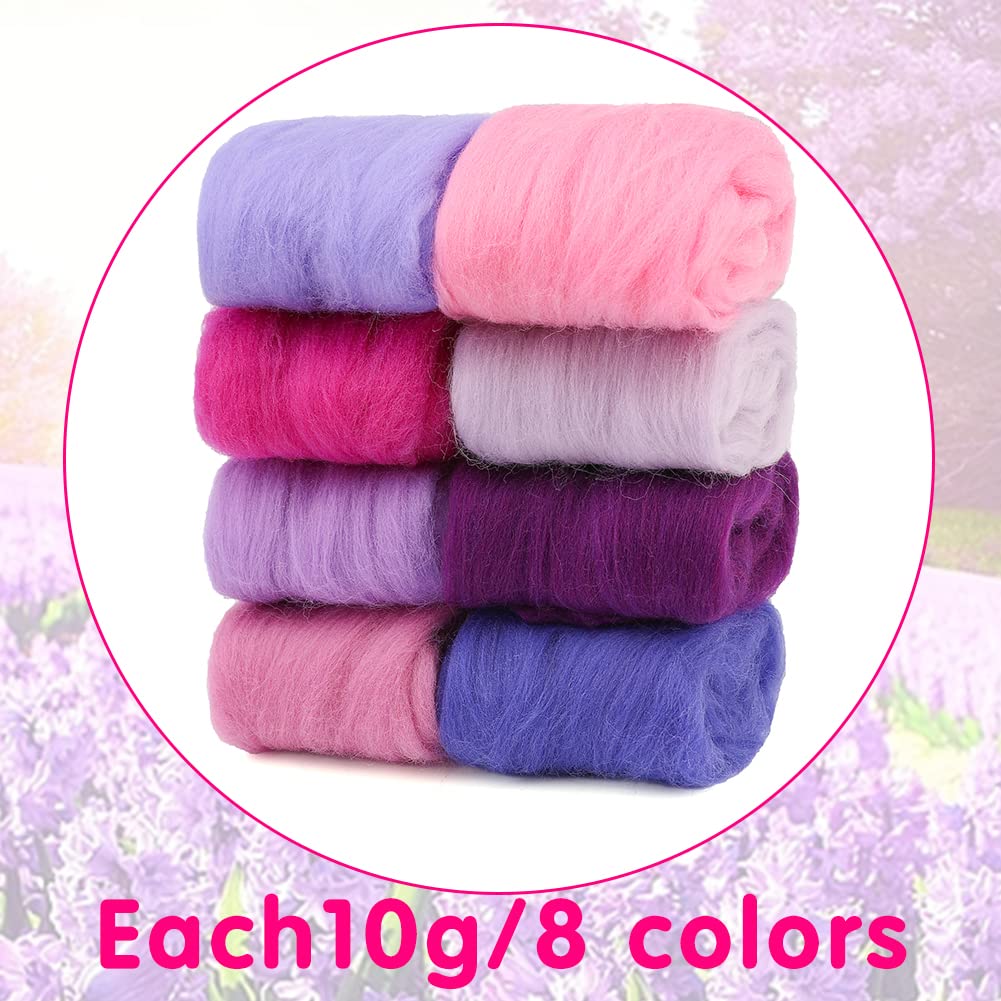 Wonvoc Needle Felting Wool 80 g, 8 Colors Nature Wool Roving, Wool Roving for Needle Felting, for DIY Craft Materials, 10g/Color, Purple