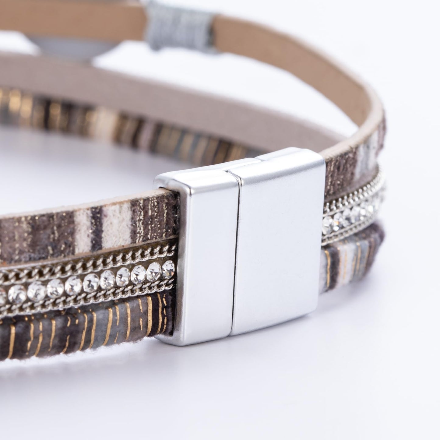 FANCY SHINY Boho Leather Wrap Bracelet Stackable Chunky Crystal Cuff Bracelets with Magnetic Clasp Cowboy Cowgirl Western Summer Beach Outfits Jewelry Gifts for Women (14.7", Boho Silver)