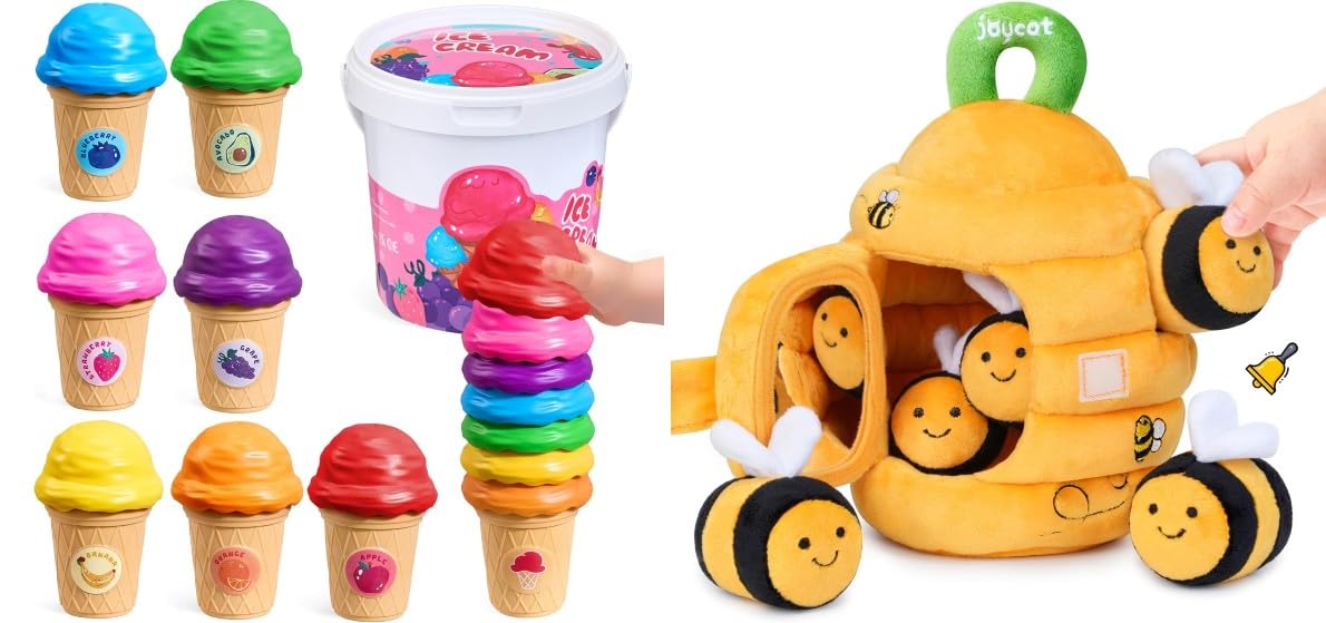 JOYCAT Ice Cream Toys, Color Recognition Stacking Play Set with 7 Matching Cones & Scoops, Pretend Play Food for Kids +Soft Baby Beehive with 5 Sensory Bees
