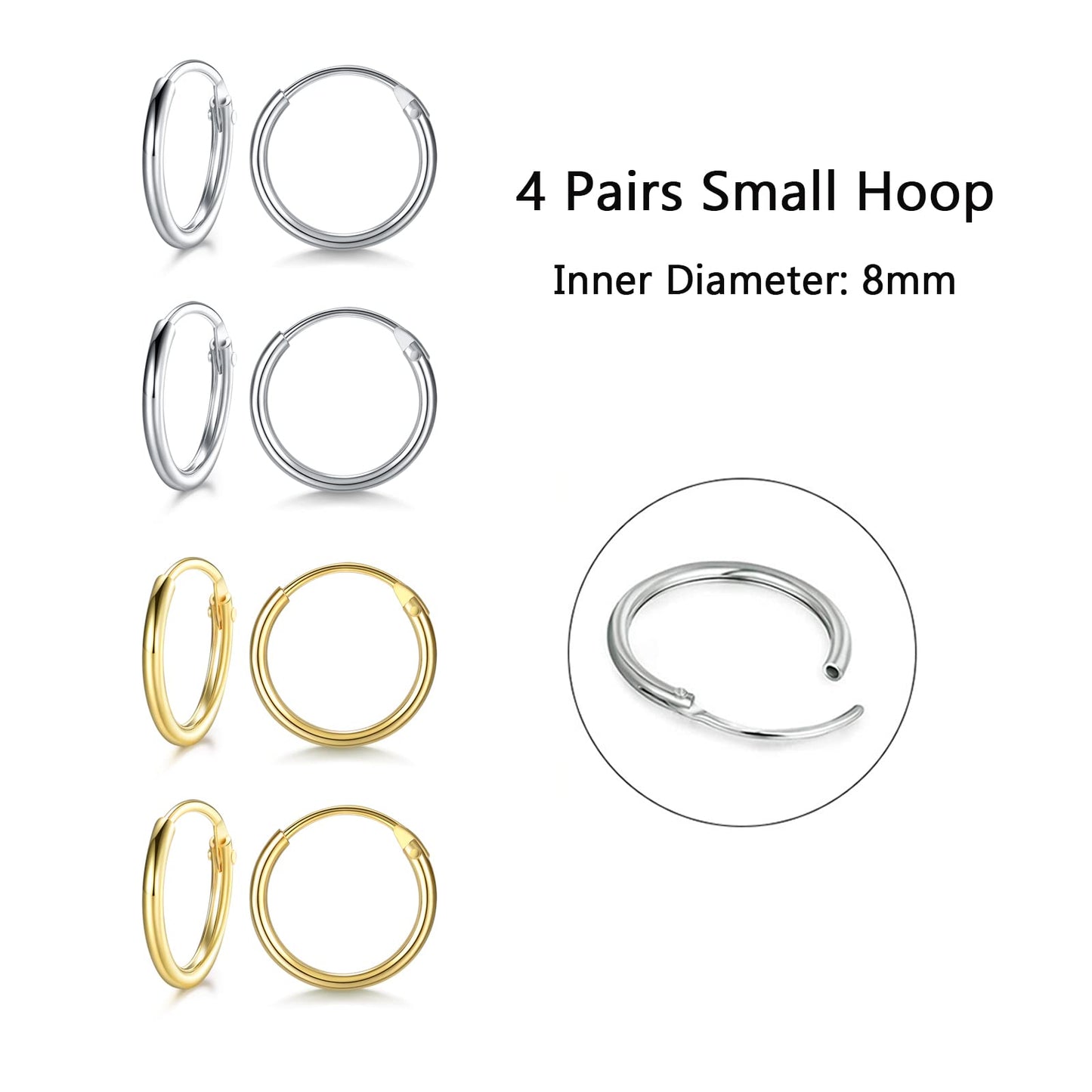 EPIRORA Silver Hoop Earrings- Cartilage Earring Small Hoop Earrings for Women Men,4 Pairs of Hypoallergenic 925 Sterling Silver Tragus Earrings (8mm*4, Silver&Gold)