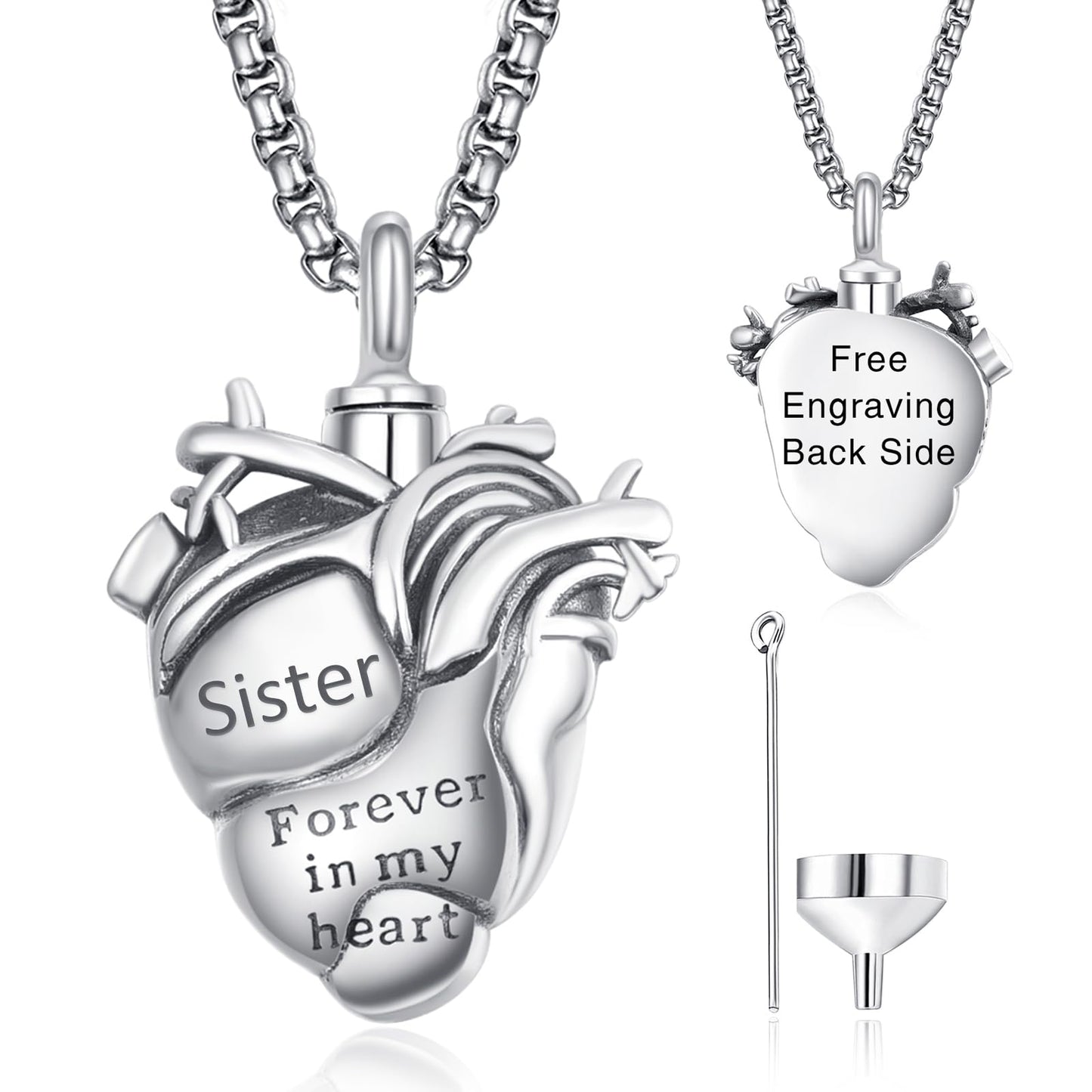 Personalized Anatomical Heart Urn Necklaces for Ashes Sterling Silver Ash Pendants Cremation Jewelry Sister Keepsake Pendant Memorial Jewelry Gifts for Loss of Sister