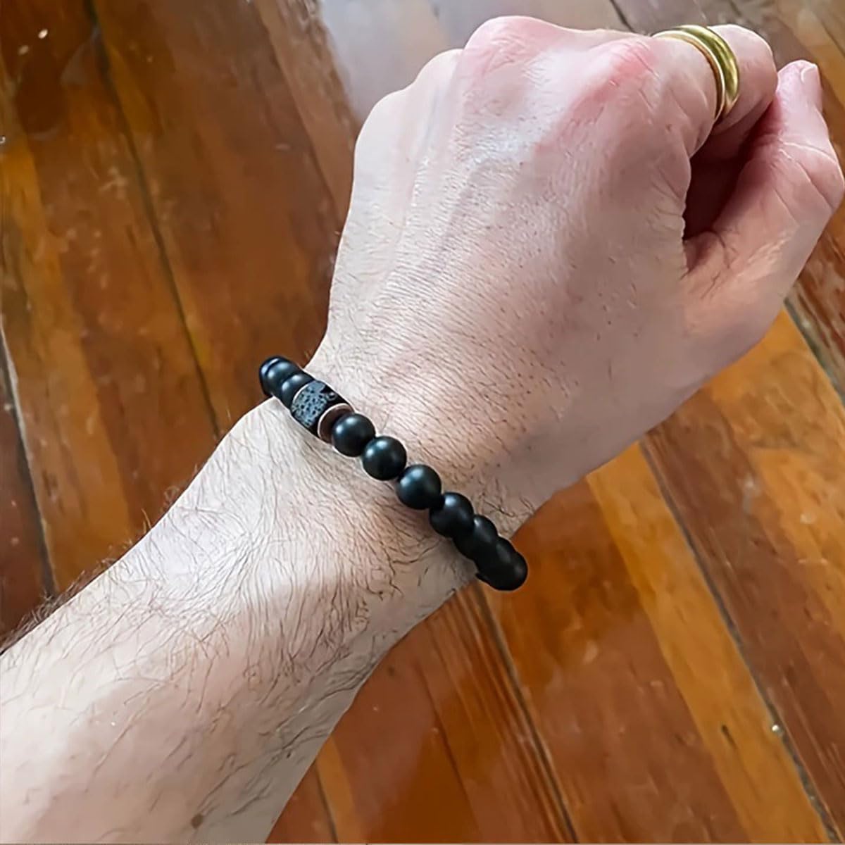 B-JWYFY Elastic Adjustable Mens Bracelet - 8mm Black Onyx & Lava Stone Beads Bracelets Jewelry Gift for Men, Beads Charm Bracelet with Elastic Cord, Birthday Gifts for Him Dad Husband