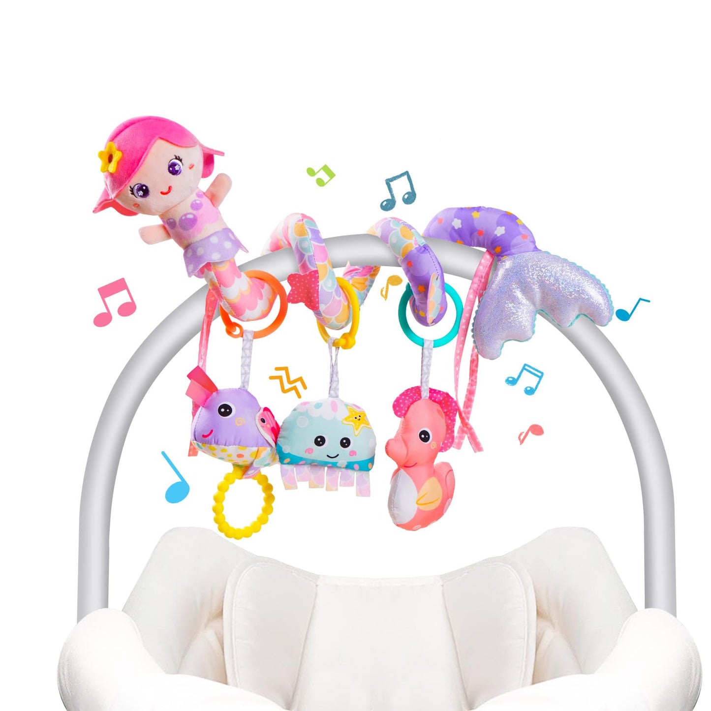 Koty Carseat Toys Hanging, Pink Mermaid Stroller Toys for Babies 0-6 Months, Baby Car Seat Toy with Crinkle, Teether, Music Box, Rattle, BB Squeaker for Babies Boys Girls Gifts (Pink Mermaid)