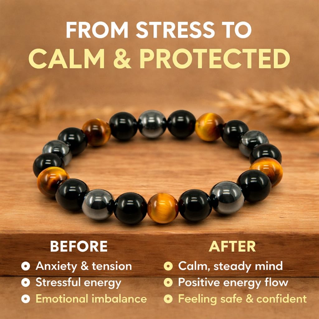 Handmade Triple Protection Bracelet – Tiger Eye, Hematite & Obsidian 8mm Natural Crystal Beads, Healing Natural Stones for Strength, Energy & Balance, Men & Women, 7.48 Inches – Supports Chakra Healing