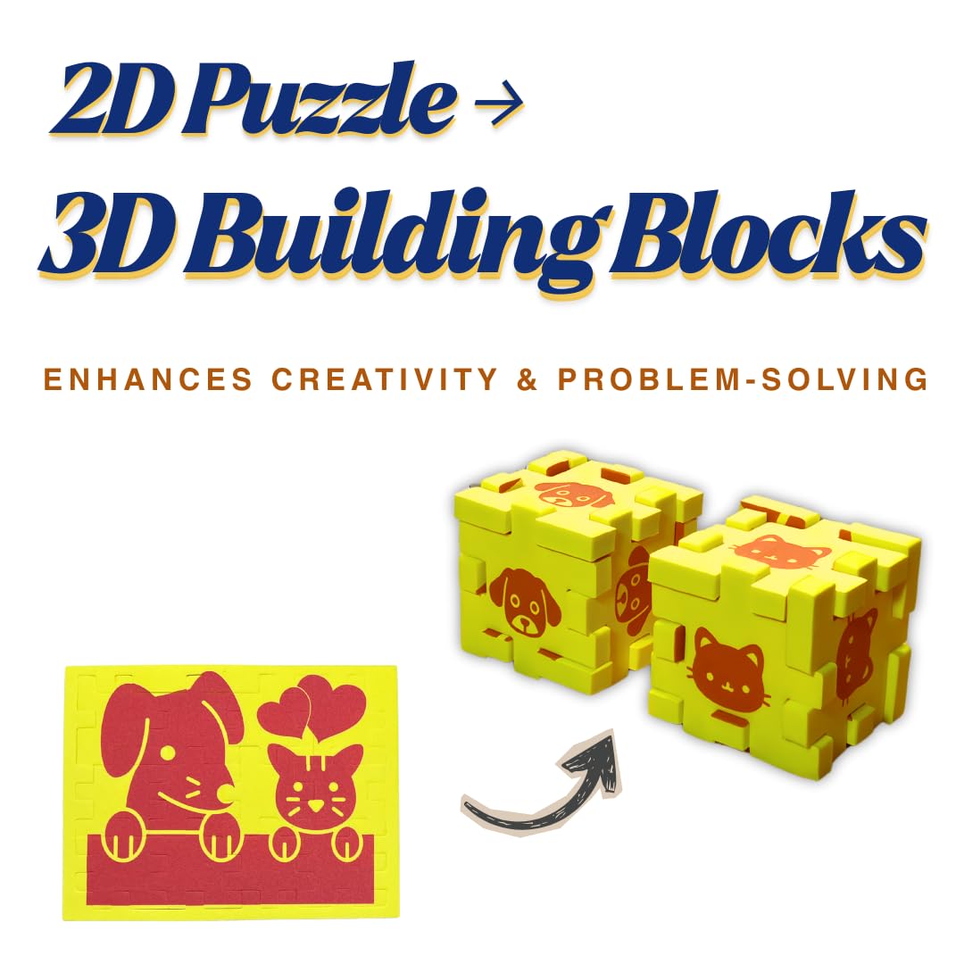 AEH Story 2D & 3D Foam Puzzle for Kids Ages 3+, Dog & Cat Animal Travel Toy for Airplanes & Road Trips, Quiet Screen-Free Busy Bag Activity, Montessori STEM Fine-Motor Learning Toy – Yellow