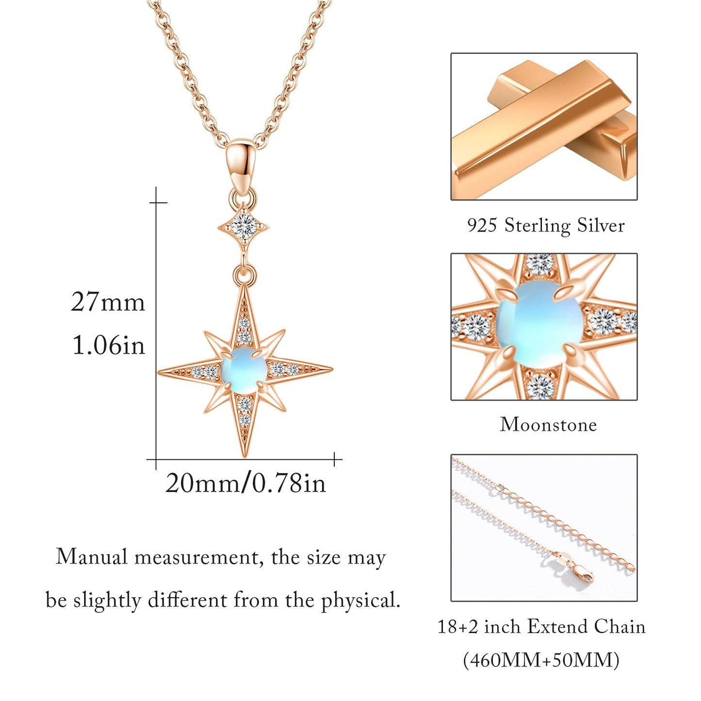 Silikepa Star Necklace for Women 925 Sterling Silver Rose Gold North Star Pendant Necklace with Moonstone Jewelry Gift for Women