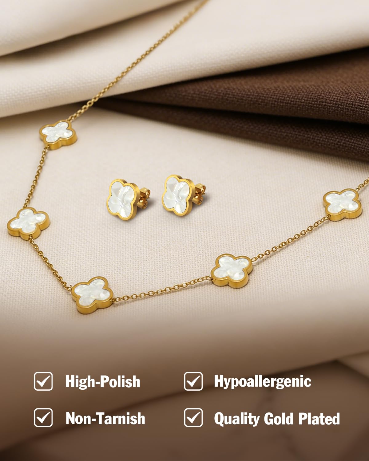 Aimétte Monette 18K Gold Plated Jewelry Set, Clover Necklace Stud Earrings for Women Hypoallergenic White Lucky Clover Pendant Necklace Gifts for Women Trendy