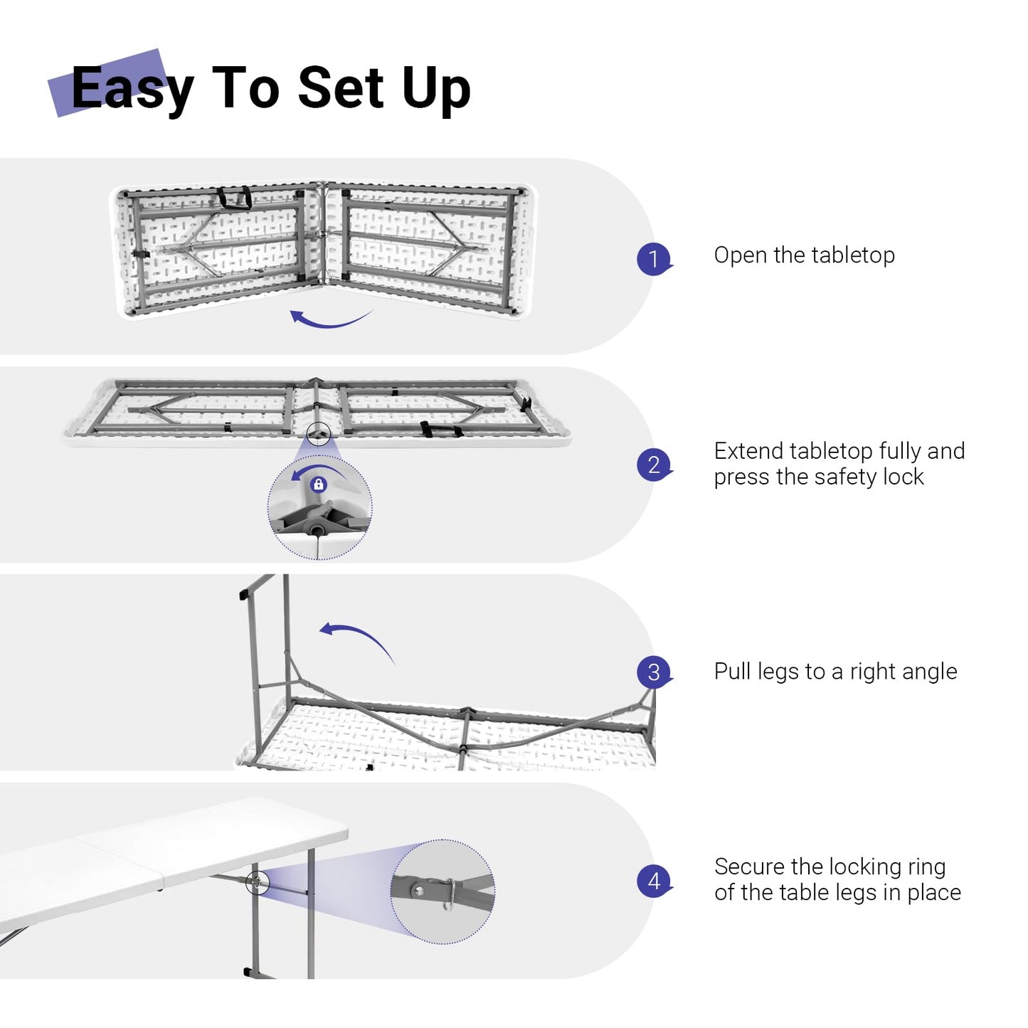 Byliable Folding Table 6FT Narrow Portable Foldable Plastic Heavy Duty Long Table, Fold-in-Half with Carrying Handle for Indoor Outdoor Meeting, Buffet, Party, Wedding, Home Work, 6 Foot, White