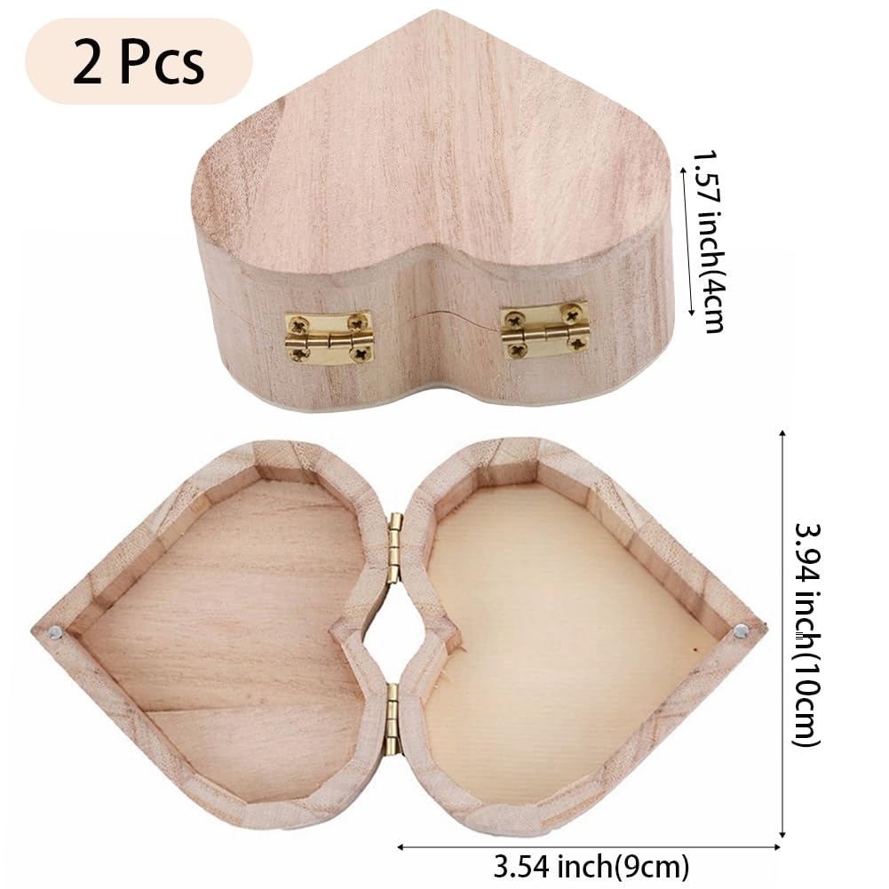 CALFOVERA 2PCS 3.94×3.54×1.57 Inch Unfinished Heart Shape Wooden Ring Box Jewelry Gift Case with Hinged Lid Antique White Wooden Storage Trinket Box Container for Gift Wrapping Jewelry Storage