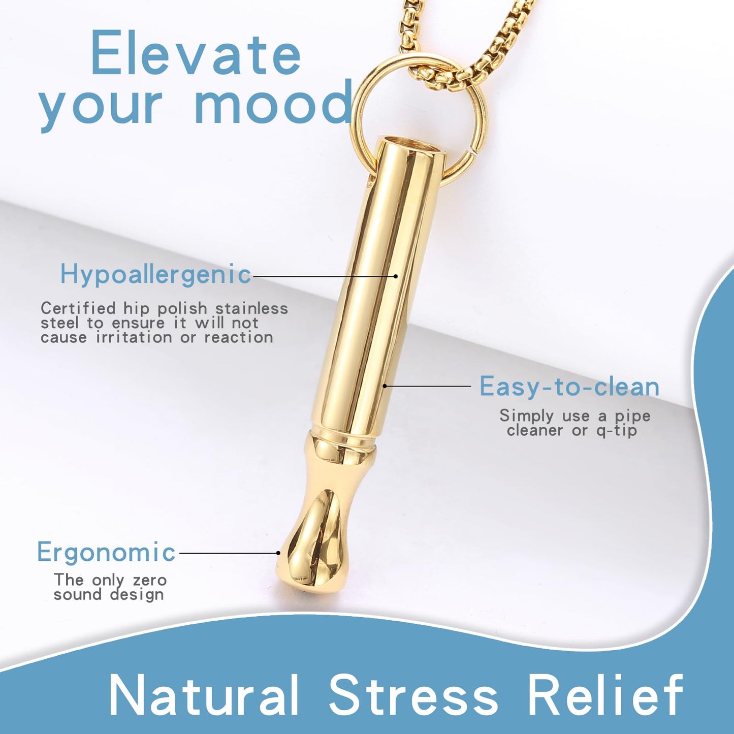 Mindfulness Breathing Necklace Stress Relief Pendant Stainless Steel Anxiety Breathe Necklace for Women Men (Rotundity, Gold)