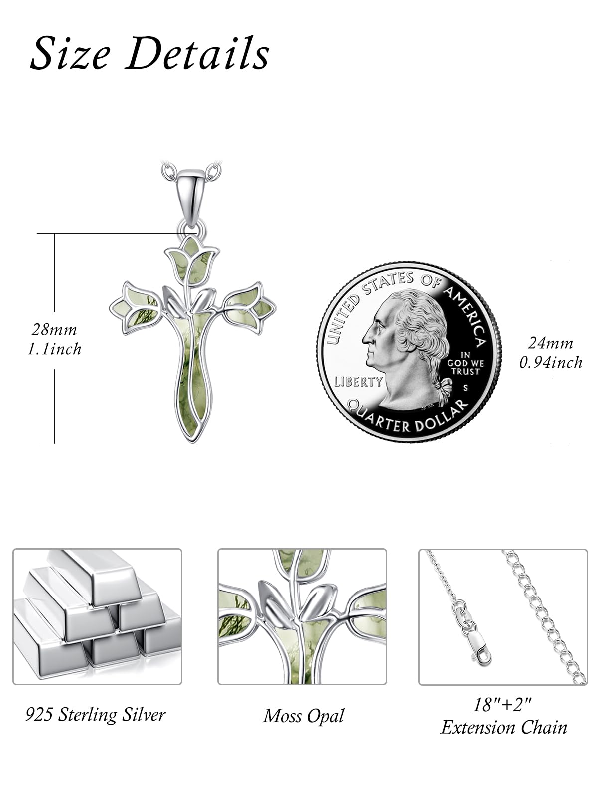 Dreamboat Cross Necklace for Women Sterling Silver Cross Pendant Christian Necklace Tulip Rose Moss Agate Faith Confirmation Gifts Religious Jewelry for Mom