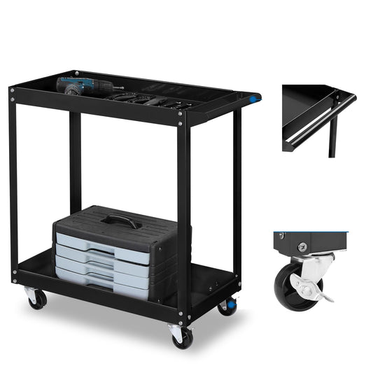 TUFFIOM 2 Tier Rolling Tool Cart,220 LBS Capacity Industrial Service Cart on Wheels w/2 Brake,Heavy Duty Steel Utility Cart,Tool Organizer for Mechanic,Garage,Workshop,Warehouse & Repair Shop