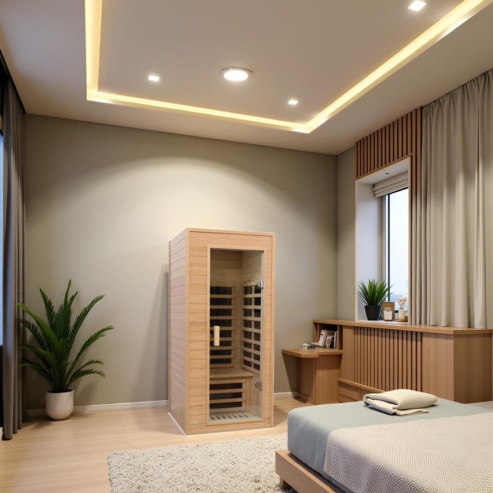 Kanlanth 1 Person Infrared Sauna, Low EMF FAR Infrared Saunas for Home, 1200 watt Canadian Hemlock Indoor Sauna Room with LED Reading Lamp, LCD Display Control, Blue-Tooth Audio
