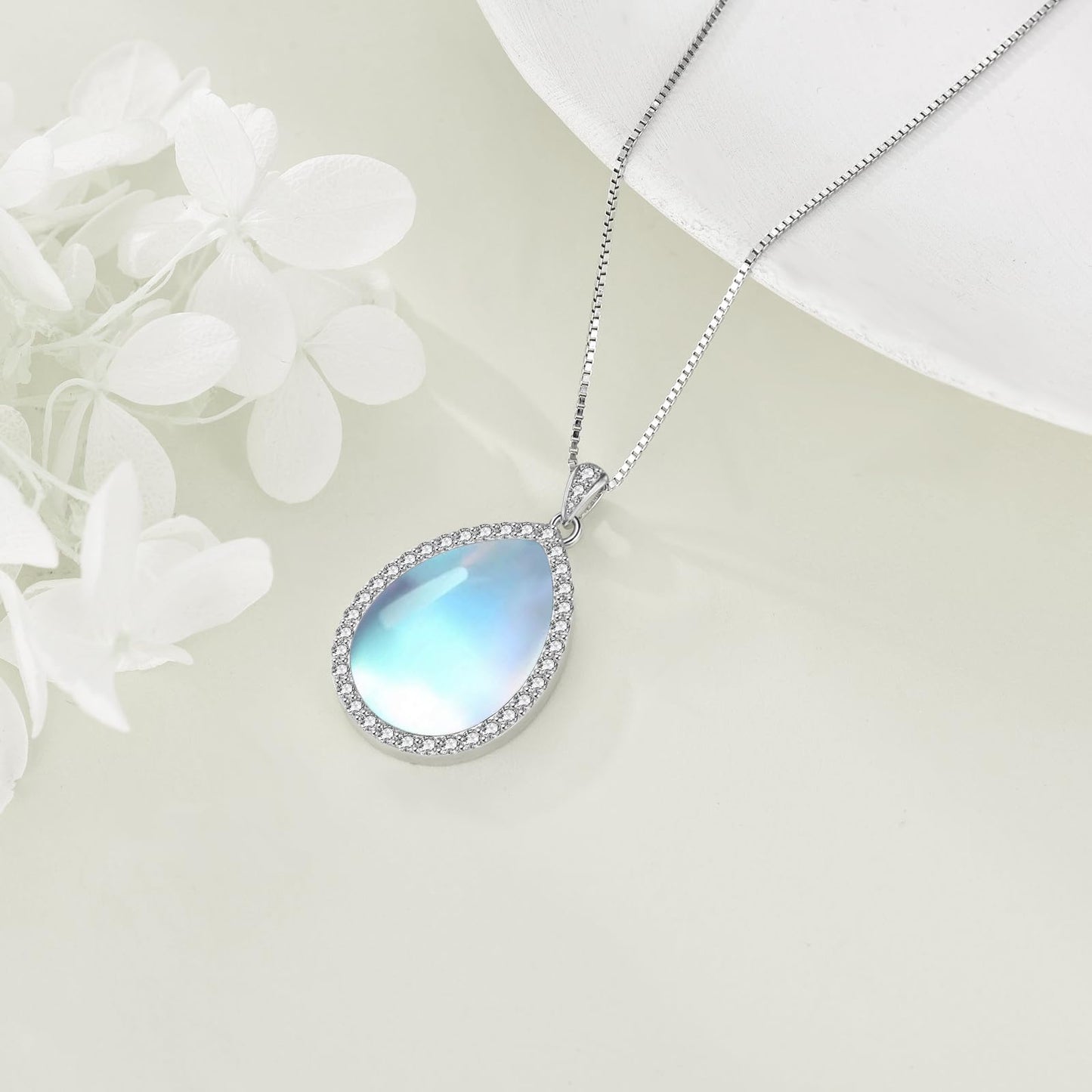 YAFEINI 925 Sterling Silver Moonstone Necklace Cubic Zirconia Teardrop Pendant Necklace Jewelry for Women (Z-Cubic Zirconia Moonstone Necklace)