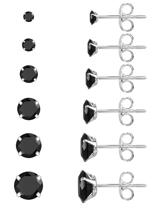 6 Pairs Stud Earrings Set Hypoallergenic Cubic Zirconia 316L Earrings Stainless Steel Earrings for Women (Black)