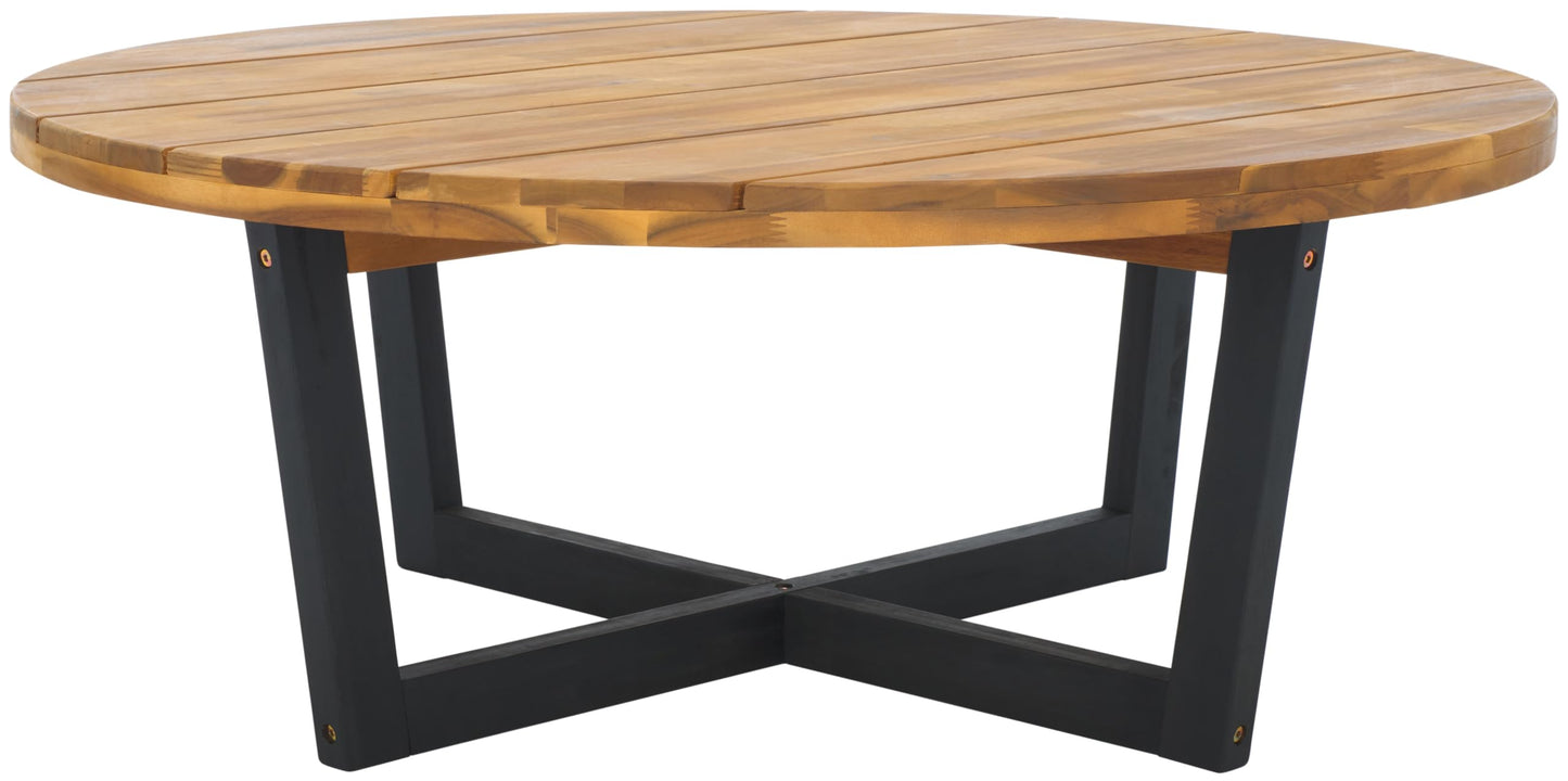 SAFAVIEH Outdoor Collection Leo Natural/Black 4-Leg Round Coffee Table, Ideal for Deck, Patio, Backyard, Sunroom