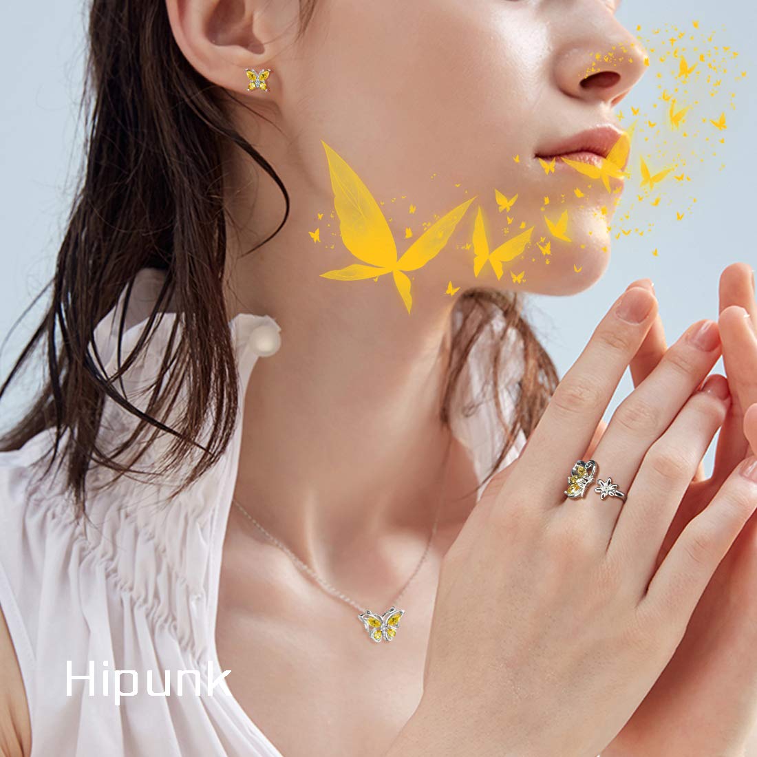 Hipunk Butterfly Yellow Jewelry Sets Birthstone Women 925 Sterling Silver November-Citrine Birth Stone Animal Butterflies Jewelry Sets/Earring/Ring Set Crystal Birthday Jewelry SS0002N