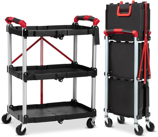 3 Tier Rolling Cart, 167 Lbs Foldable Utility Service Cart, Portable Utility Cart with Lockable Universal Wheels, No Installation Required, Suitable for Warehouse, Garden, Office, Kitchen