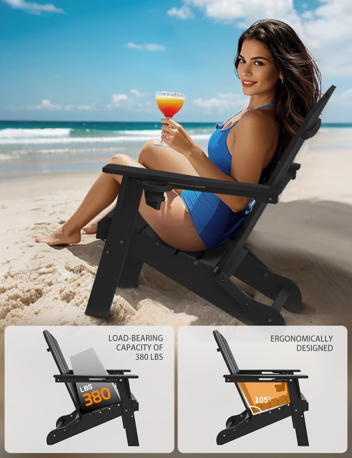 Folding Adirondack Chair, Wooden Textured Plastic Adirondack Chairs with 2 Cup Holder, Weather Resistant HDPE Fire Pit Chair, Outdoor Patio Chairs for Garden, Backyard, Lawn, Deck, 380LBS, Black