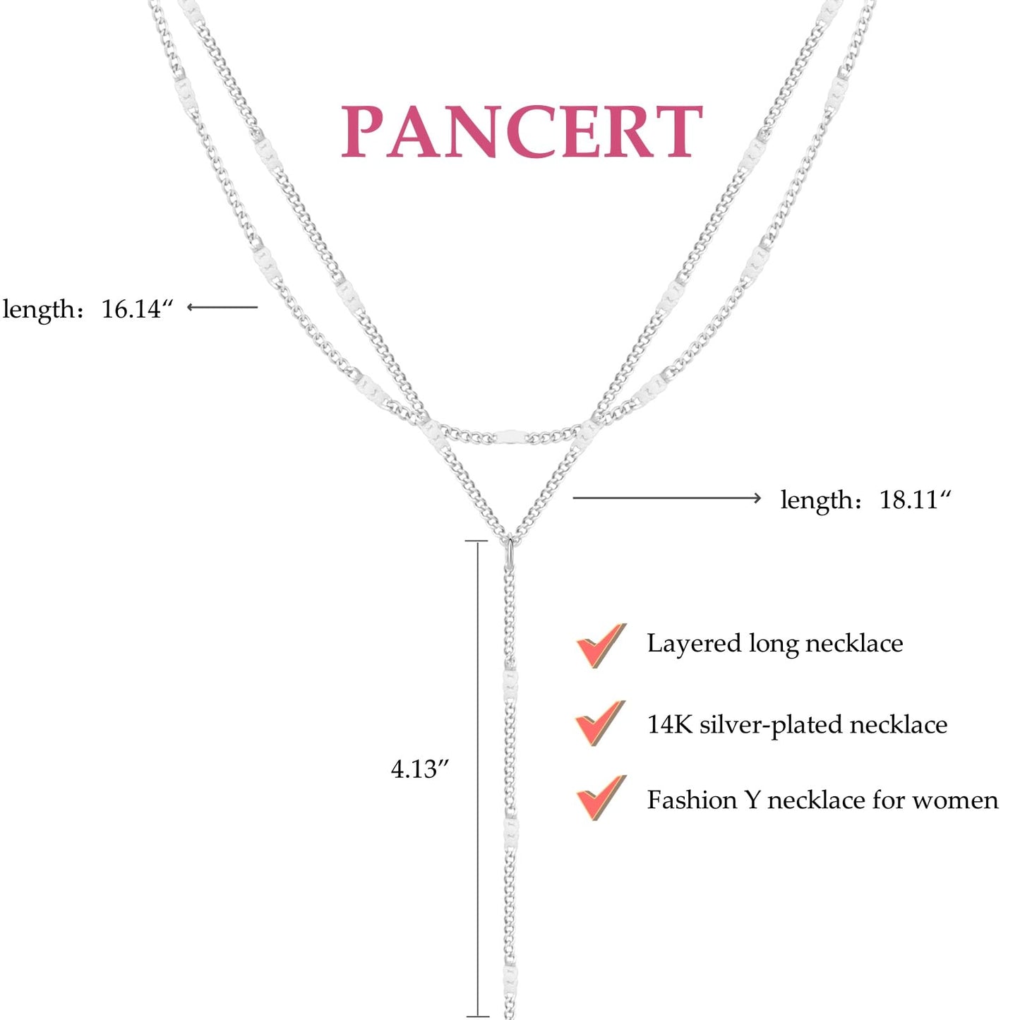 Pancert Layered Silver Necklace for Women, 14K Silver/Gold Plated Long Necklace Y-Shaped Necklace Trendy Layered Chain Necklaces for Women Gift Jewelry