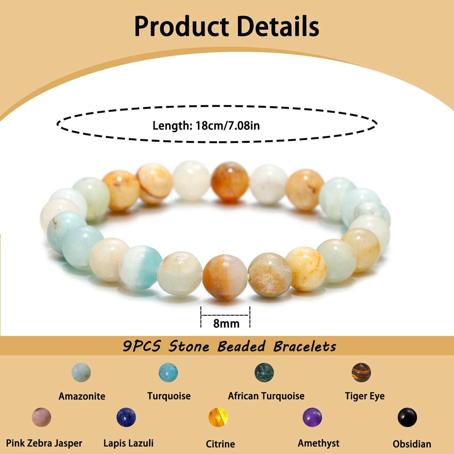 COLOYAN 9PCS Healing Crystal Bracelets for Women Men 8mm Natural Stone Beaded Stretch Bracelet Handmade Reiki Spiritual Jewelry