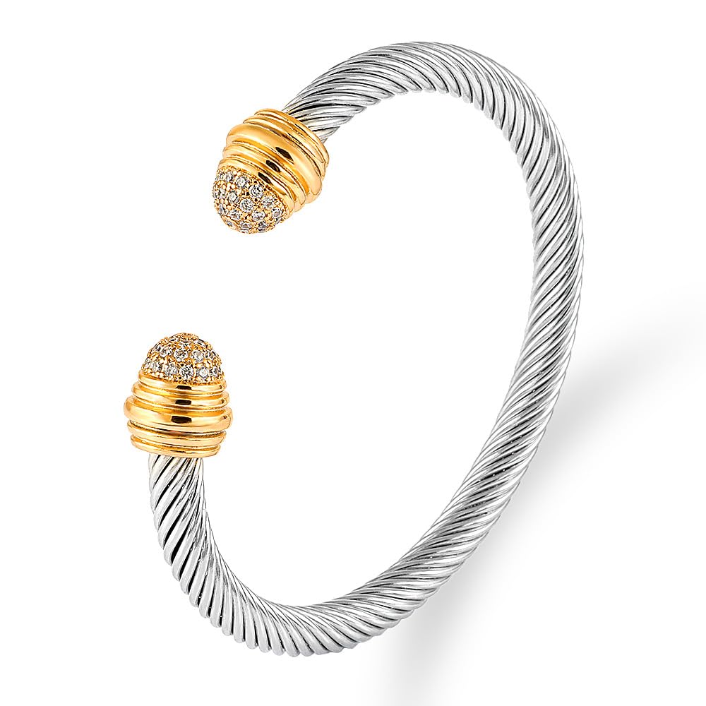 WCB1FPu Stainless Steel Cable Wire Open Cuff Adjustable Size Bangle Zircon inlaid Bracelet (15)