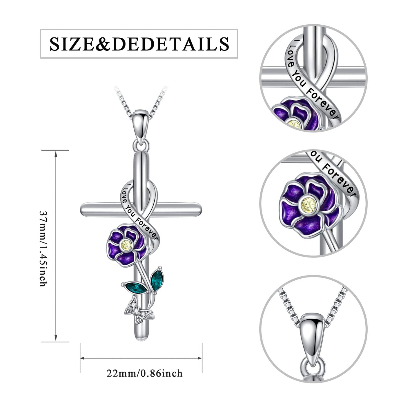 Flpruy Violet Birth Flower Necklace 925 Sterling Silver Cross Necklace Violet Jewelry 12 Month Birth Flower Floral Pendant Birthday Jewelry Gifts for Women Mom