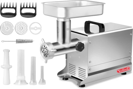 TOOGOOD #8 Electric Commercial Meat Grinder, Heavy Duty Meat Grinder Stainless Steel, 0.4 HP Sausage Stuffer with Grinding Plates, Sausage Tubes & Meat Stomper, Mirror Polishing