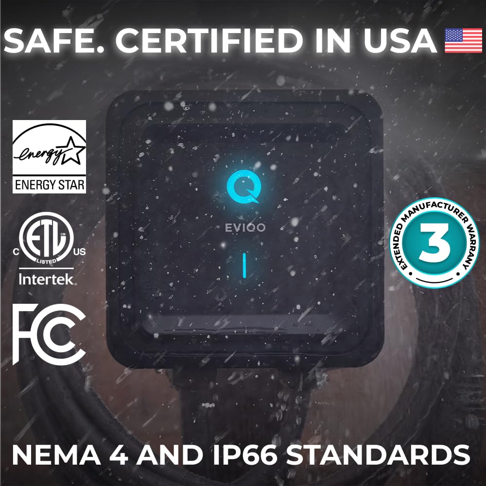 EVIQO Level 2 EV Charger 48 Amps – NEMA 14-50 Plug, J1772 25' Cable, WiFi (2.4 GHz) Smart App - Weatherproof Indoor/Outdoor (IP66,NEMA 4) UL, ETL Certified