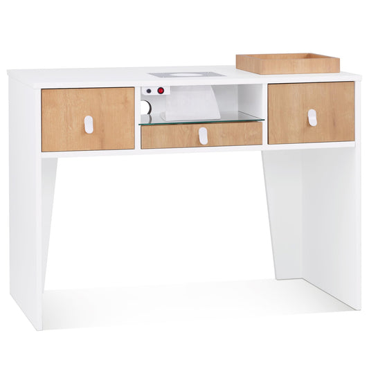 BarberPub Manicure Table with Electric Dust Collector & 2 Dust Bags, Beauty Nail Art Desk with Built-in Socket, Salon Nail Supplies Storage Workstation with Nail Vacuum Cleaner VC232 (White&Teak)