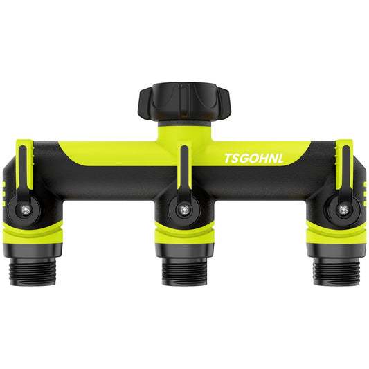 3 Way Garden Hose Splitter, 3/4 Inch Outdoor Faucet Splitter, Hose Manifold with Independent Shut Off Valves, Wide Spacing for Hose Timers, Sprinklers, Lawn, Yard and Garden Watering - Green