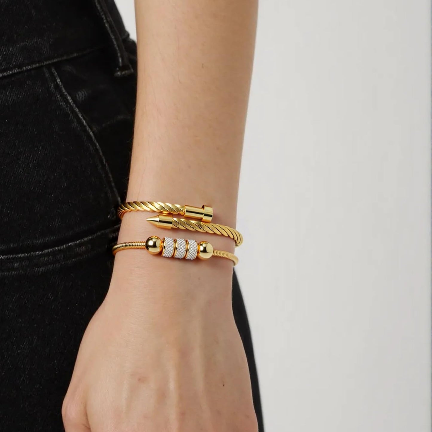 LCTrusttmor Gahna 18K Gold Plated Bangle Bracelet for Women, Non-Tarnish Stackable Nail Bracelets Set, Dainty Adjustable Cubic Zirconia Snake Chain With Beaded, Trendy Jewelry Mother's Day Birthday Gifts for Lover Mom Her