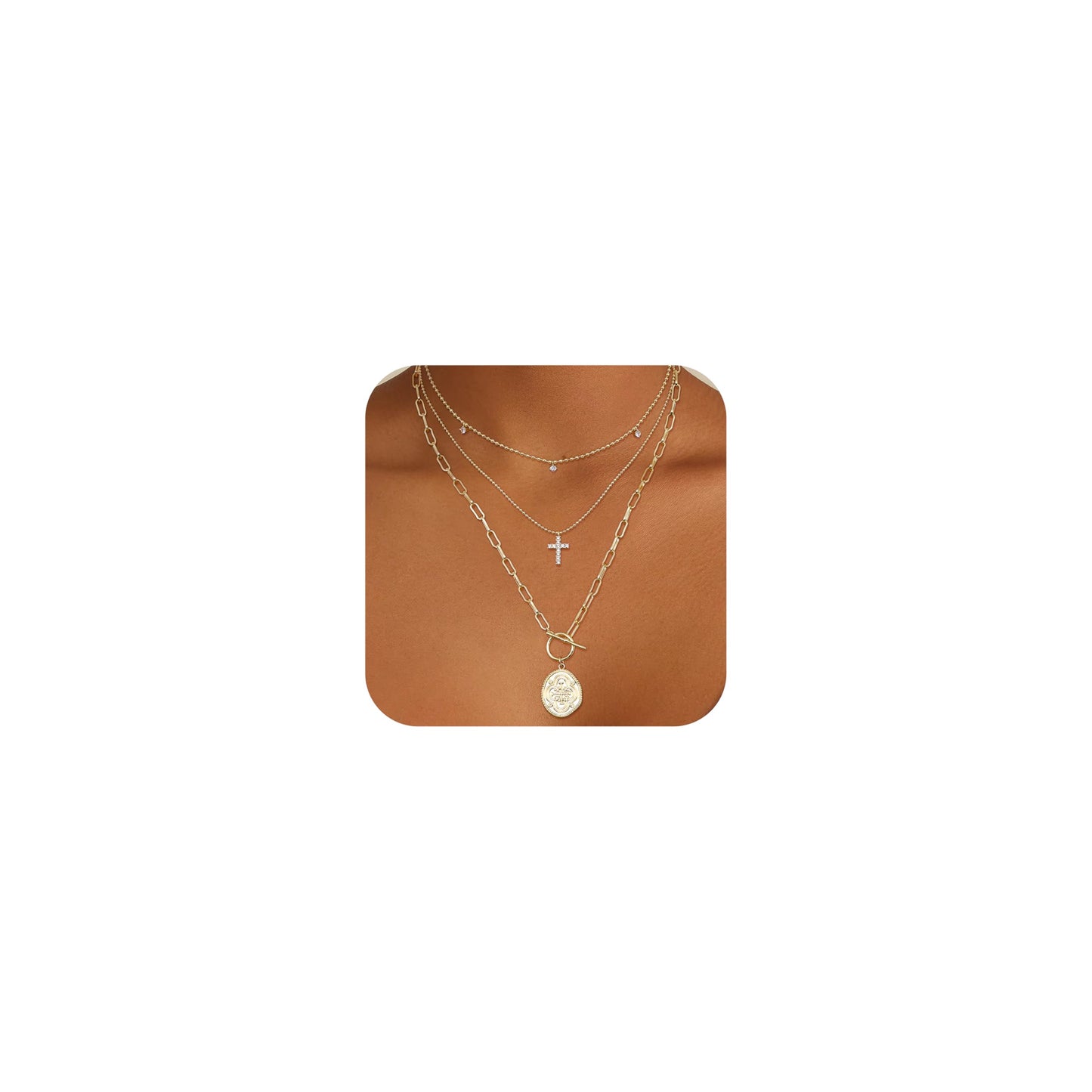 ORAZIO Layered 14K Gold Plated Necklaces for Women Dainty Necklace Stack Silver Plated Non Tarnish Free Pendant Chunky Chain Pearl Paperclip Cross Heart Necklace Set for Women D