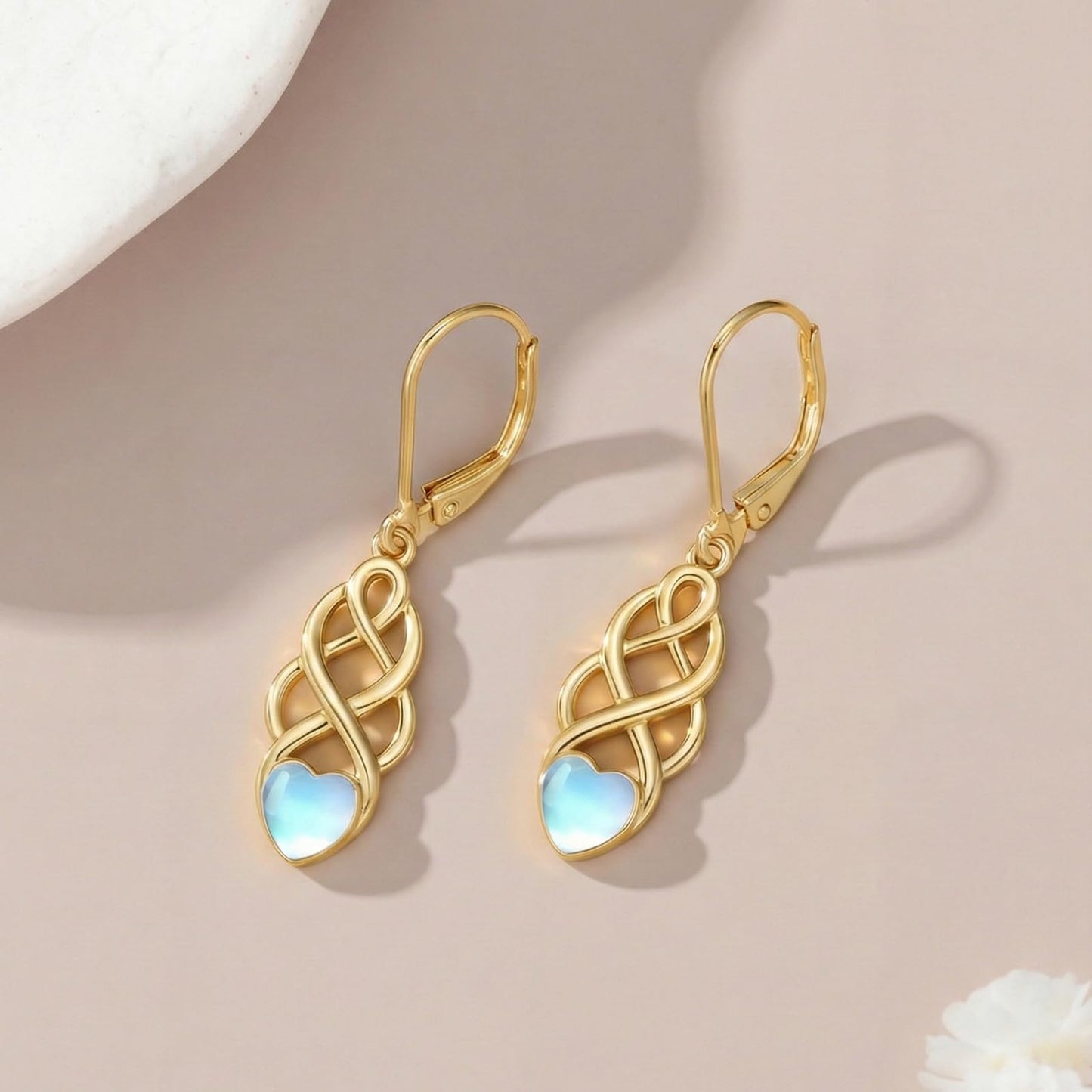 XPYPZP 14K Gold Celtic Knot Dangle Drop Earrings for Women Irish Celtic Heart Moonstone Leverback Earrings Ireland Jewelry Mothers Day Gifts for Mom Wife Girlfriend Her