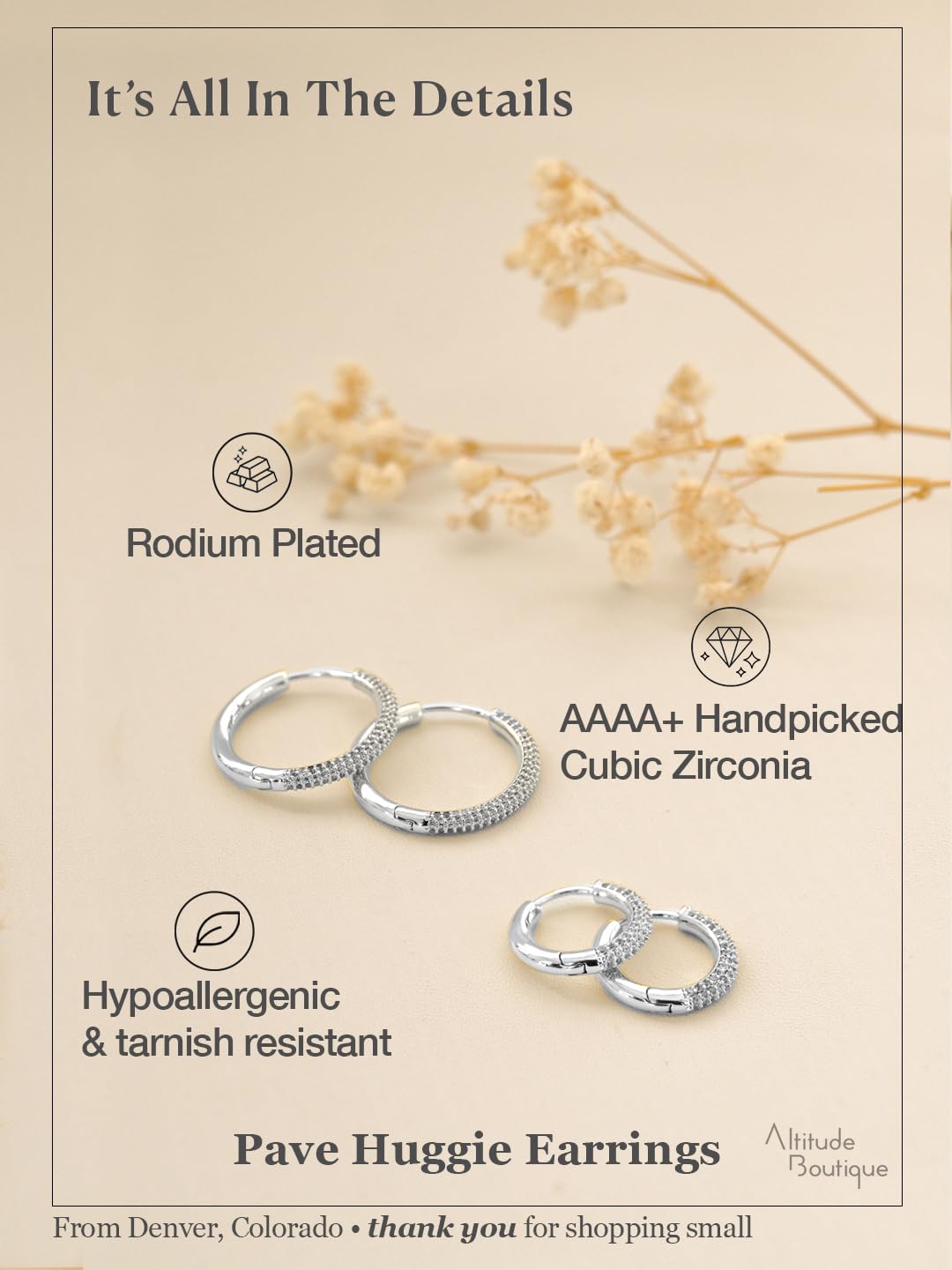 Altitude Boutique CZ Pave Huggie Hoop Earrings | 14K Gold-Plated or Rhodium-Plated | 4-Row Cubic Zirconia Hoops in 17mm or 25mm | Hypoallergenic Modern Statement Hoop Earrings for Women (Silver, 25mm)